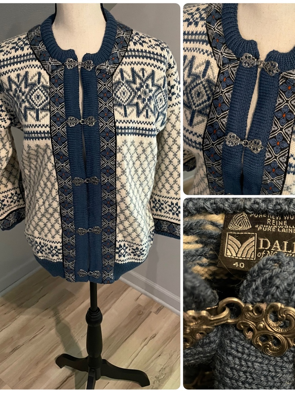 Dale of Norway Nordic Fair Isle Sweater Jacket 40/S-M Ivory Blue Pewter Clasps